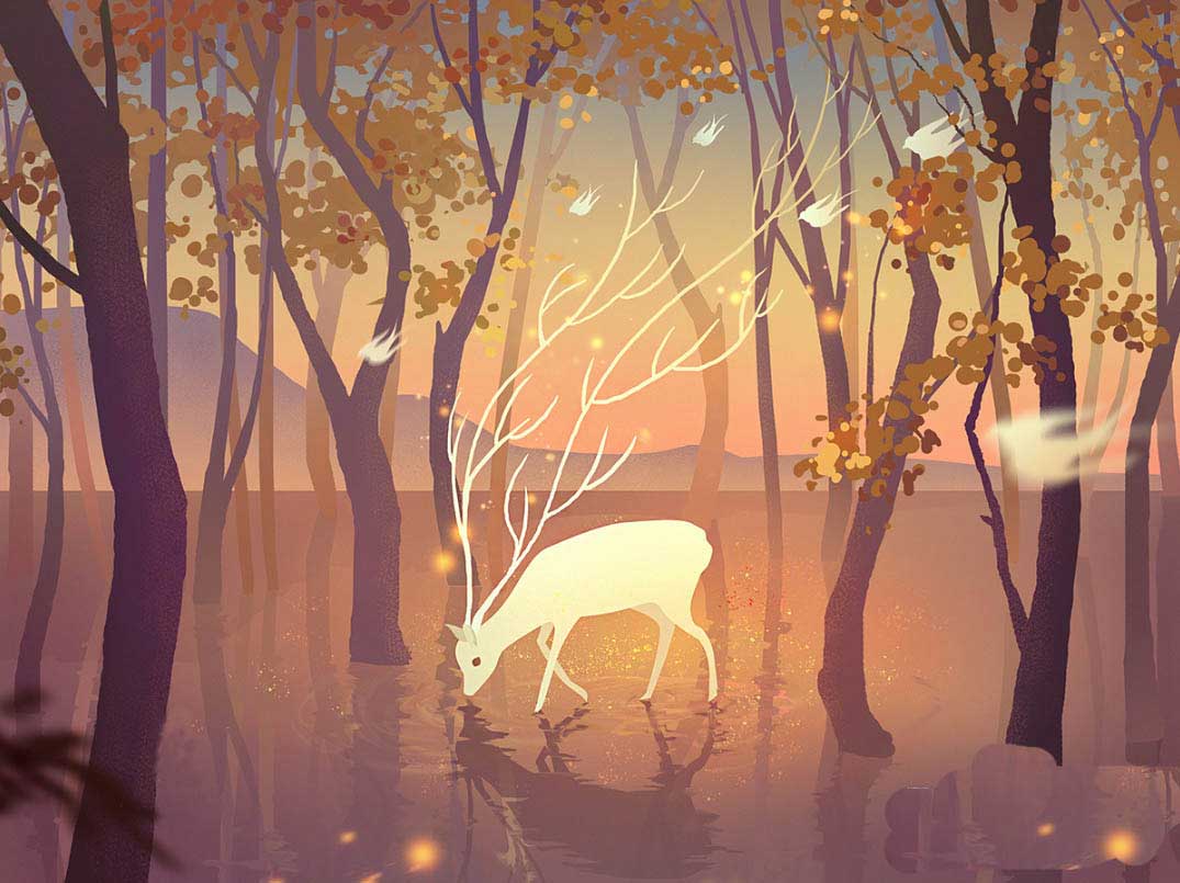 ps怎么手绘梦幻的森林小鹿饮水的插画?