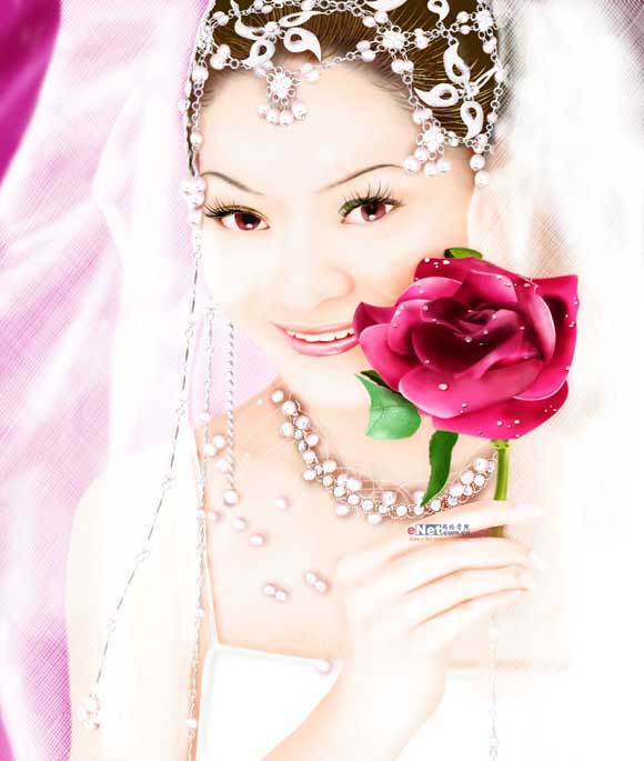 ps怎样绘制一张穿着白色婚纱手拿玫瑰的新娘图片 ps鼠绘人物教程