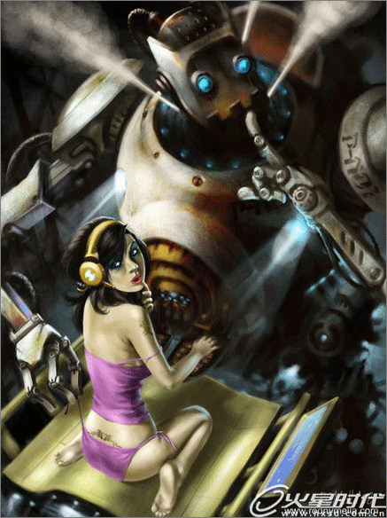 PS鼠标绘制淘气的机器人和女机械修理师