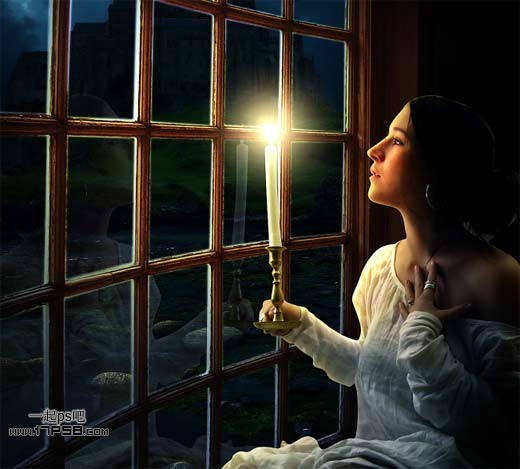 photoshop合成手持烛光欣赏夜景的美女图片效果