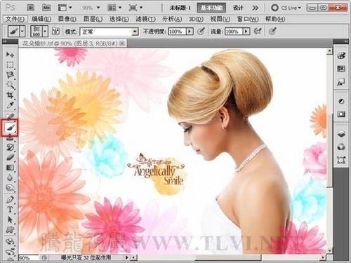 photoshop用画笔添加花卉制作出美人如花隔云端特效