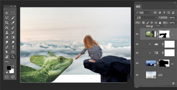 PS创意合成在云端触摸巨蜥的小女孩图像教程