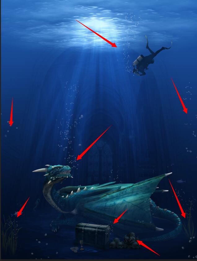 教你怎样用PS合成潜入海底寻宝遇见守护龙的场景