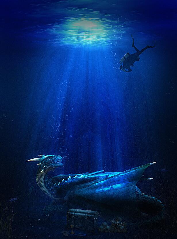 教你怎样用PS合成潜入海底寻宝遇见守护龙的场景