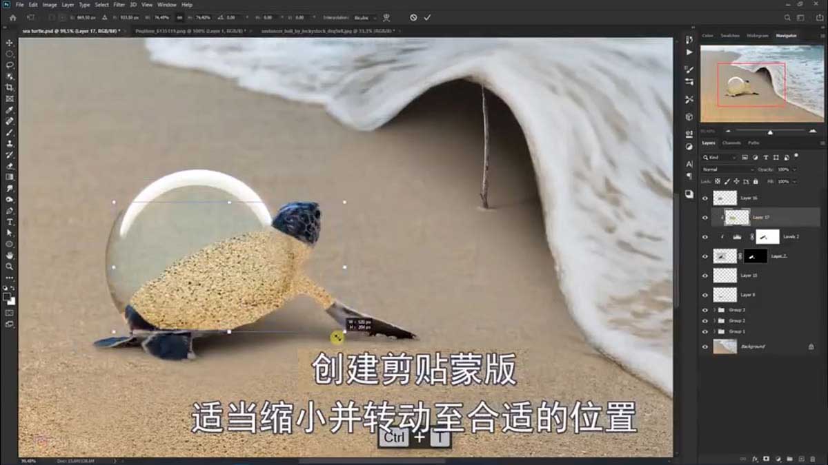 PS合成创意海边背着花的海龟和被掀起的海浪场景