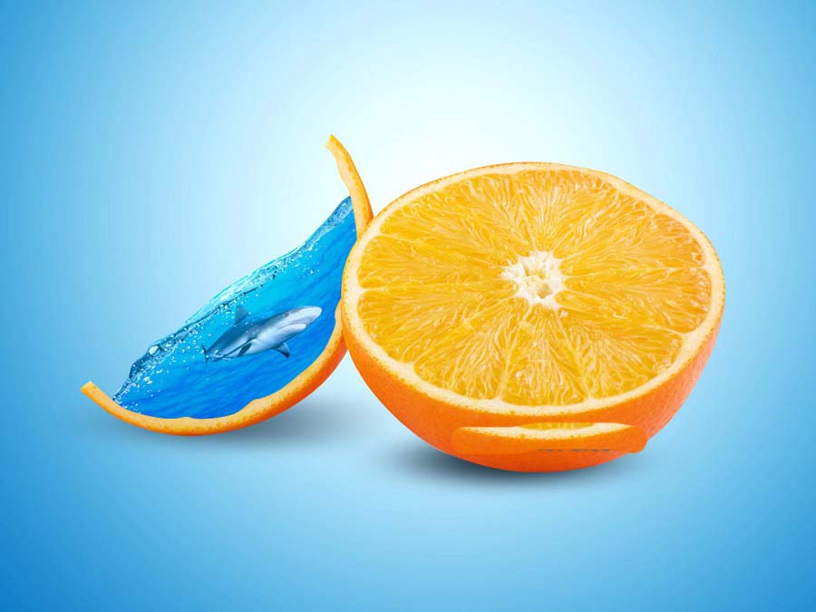 ps中怎么给橙子瓣合成创意海洋效果?